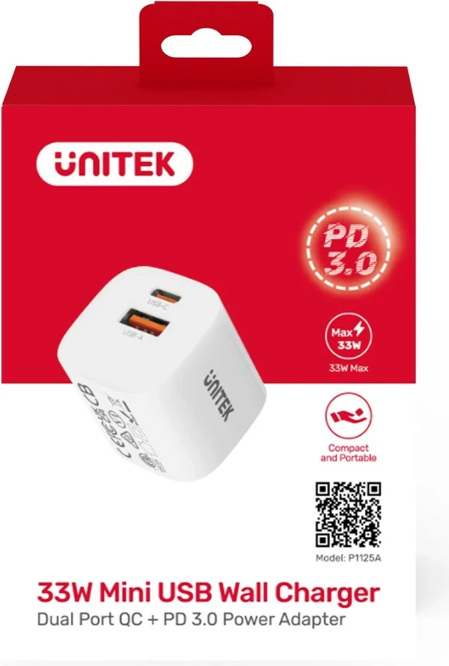 Karikues rrjeti Unitek, 1x USB-A 1x USB-C QC 33W, bardhë