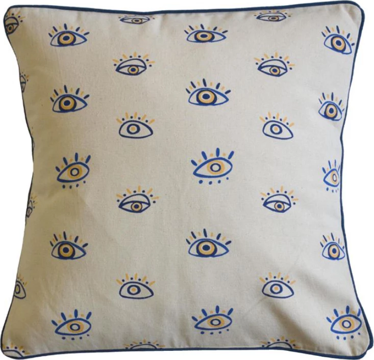 Jastëk dekorativ Eyes, pambuk, 45x45cm, bardhë-blu