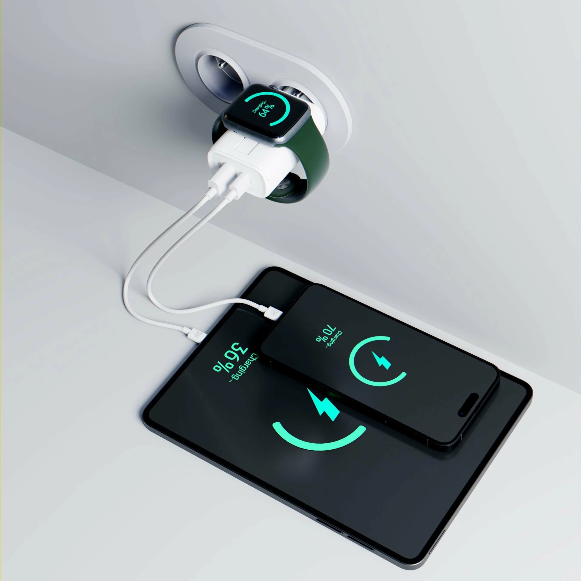 Karikues rrjeti 3MK Hardy PD 2in1 33W, 1x USB-A + 1x USB-C + karikim induktiv për Apple Watch, i bardhë