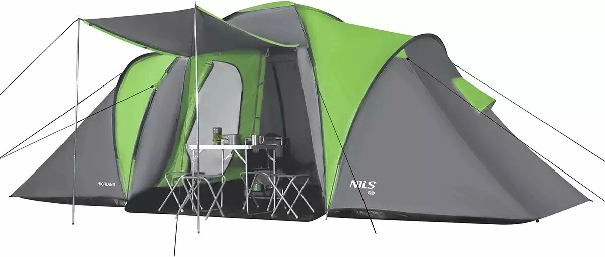 Çadër kampingu Nils Extreme NC6031 Highland për 6 persona, tunel, 570 x 210 x 200 cm, gri/jeshile