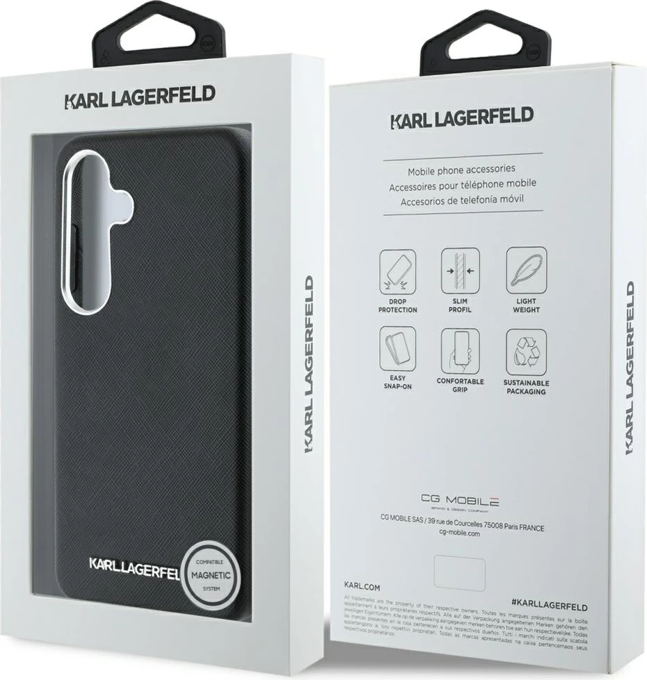 Mbështjellës Karl Lagerfeld Saffiano Full Wrapped Elongated Metal Logo MagSafe për Samsung Galaxy S25+, i zi
