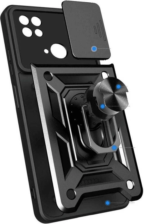 Mbështjellës silikonik armor me unazë për Celular Xiaomi Redmi 12C, ONASI 17342, me slider mbrojtës kamere, i zi