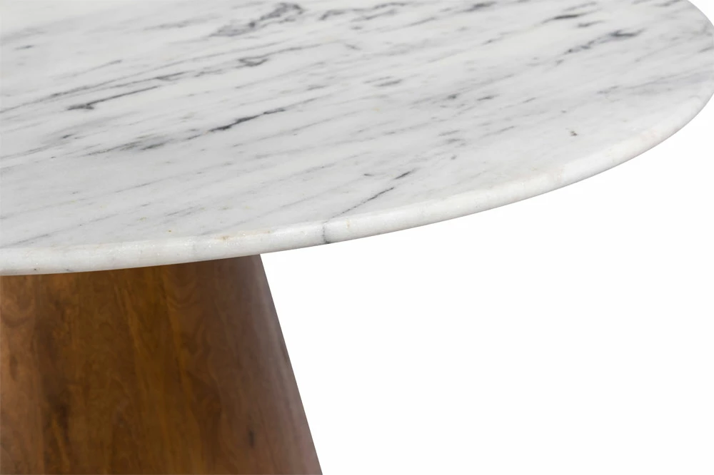 Tavolinë CESARE, mermer i bardhë, këmbë dru mango, 130x130x77cm