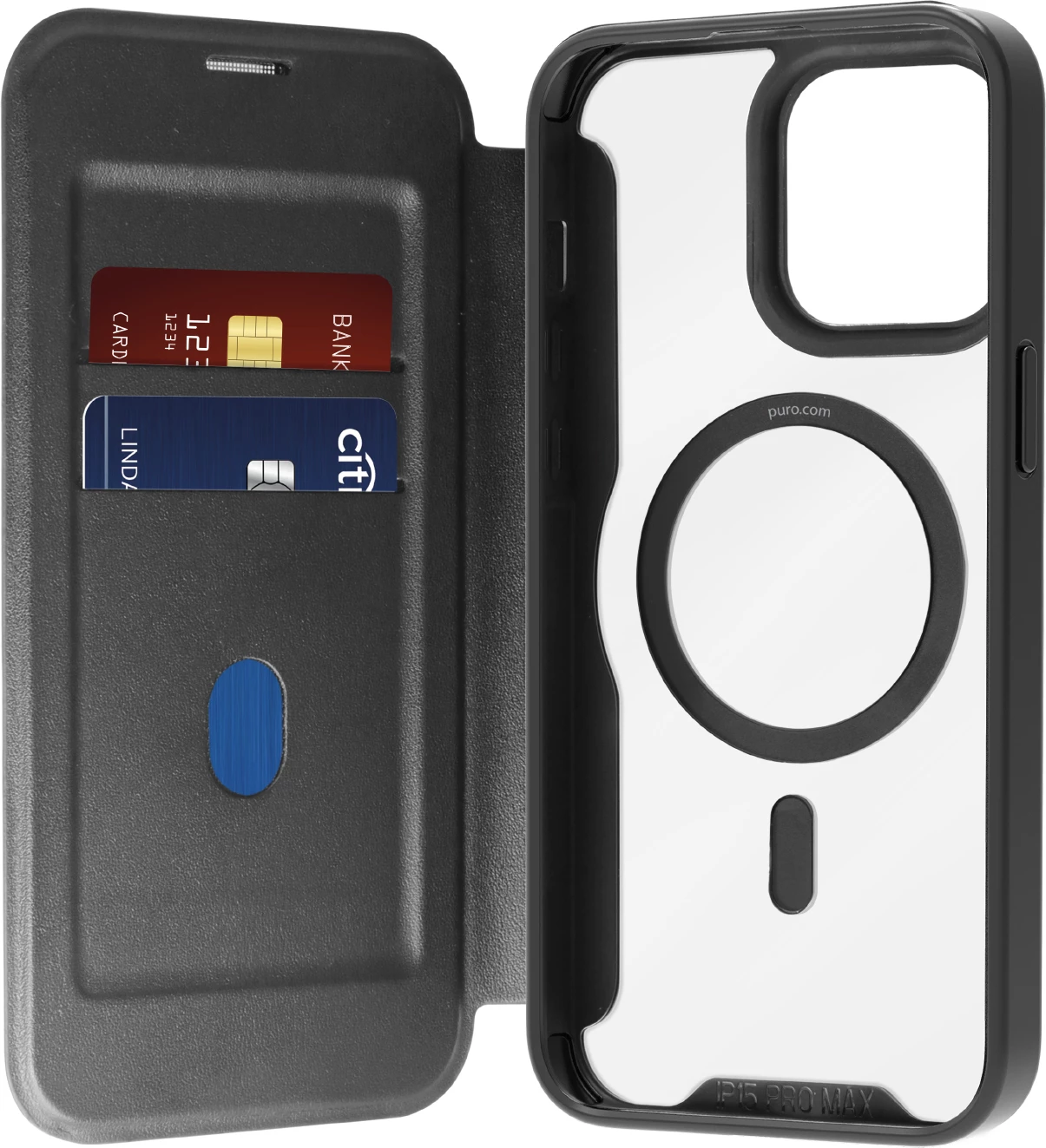 Mbështjellës Puro Book Mag MagSafe për iPhone 16 Pro Max, lëkurë, me kapak dhe hapësirë për kartela, zi