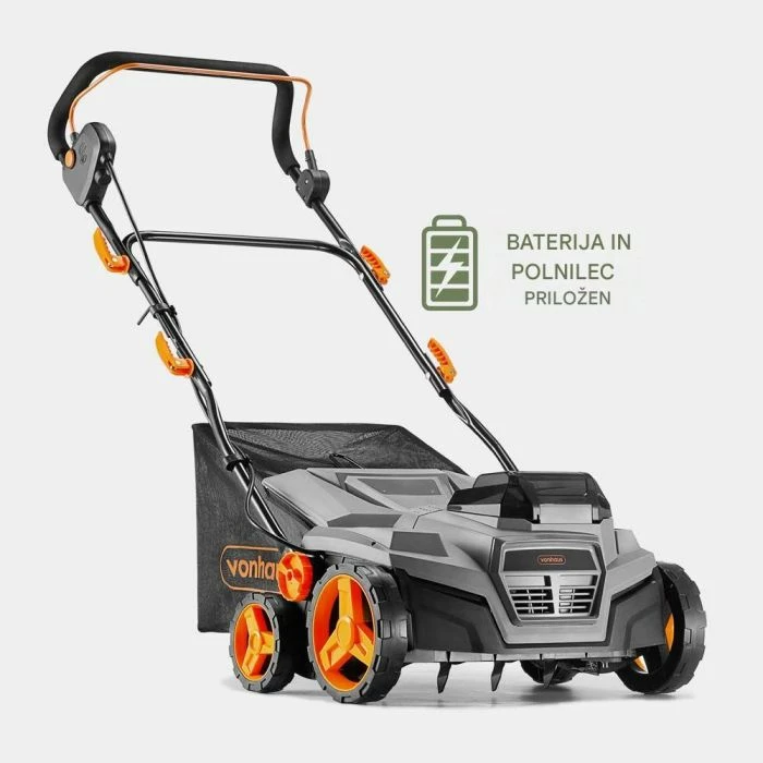 Aerator & vertikuter pa tela 2-në-1 VonHaus 3519009, 40 V (2x20V 4Ah), 38 cm, qese 45 L, set me 2 bateri + karikues dual + 2 tambura, gri/zi me detaje portokalli