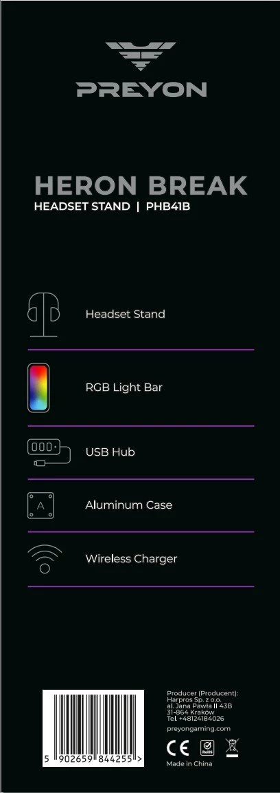 Mbajtëse kufjesh PREYON Heron Beak PHB41B, RGB, karikues pa kabllo, USB hub, e zezë