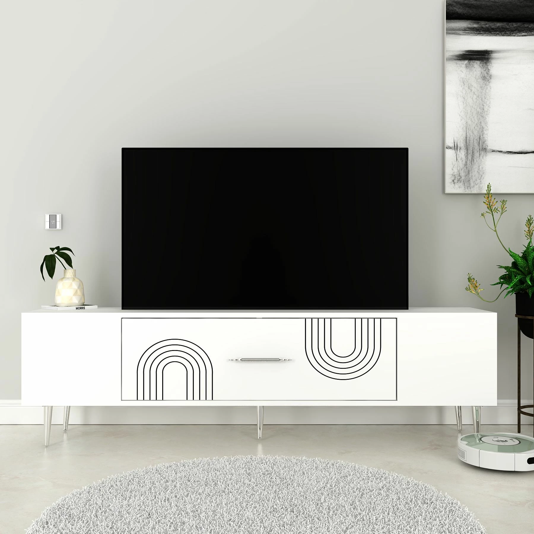 Komodë TV Skye Decor, e bardhë, argjend