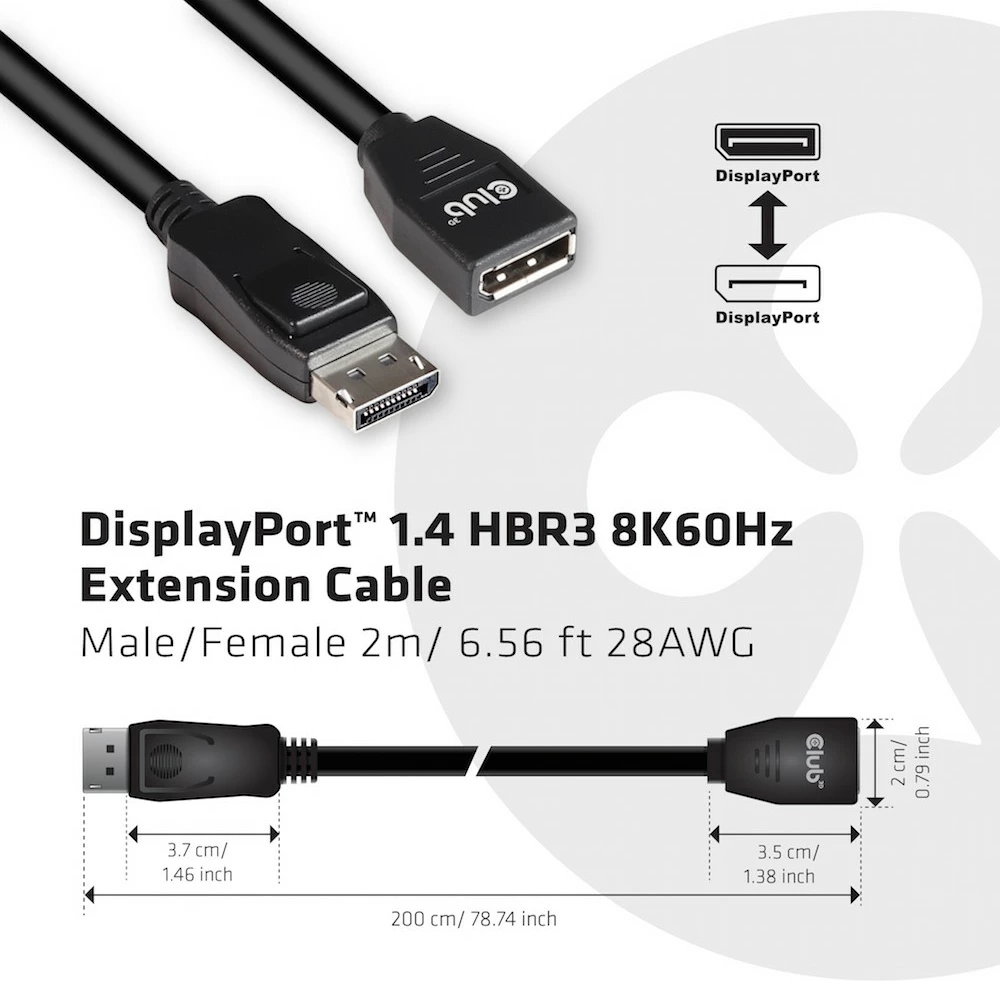 Kabllo DisplayPort Club3D 1.4, 2m, zgjatës, e zezë