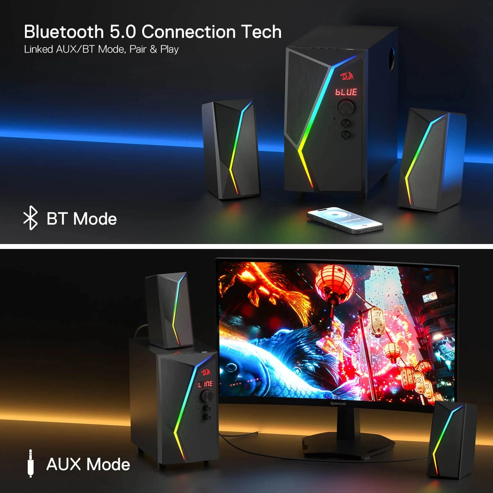 Sistem altoparlantësh 2.1 Redragon Anvil Pro GS520-PRO 25W me Bluetooth, RGB, telekomandë, i zi