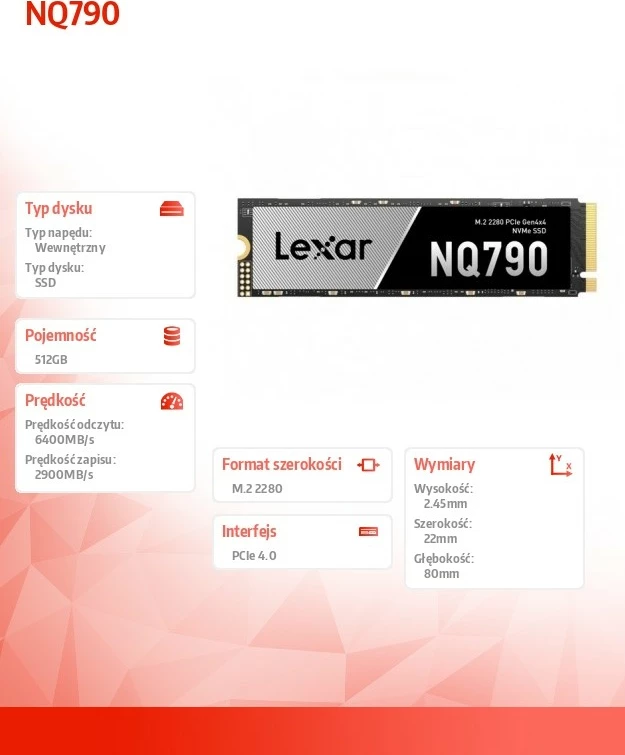 SSD NVMe M.2, Lexar, NQ790 LNQ790X512G-RNNNG, 512GB, PCIe 4.0 x4 2280, 6400/2900MB/s