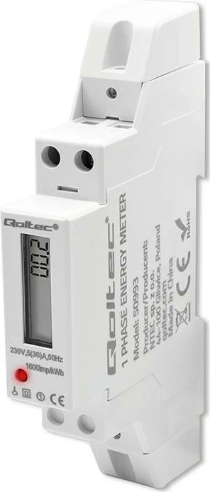 Matës energjie Qoltec 1P, 230V, 30A, LCD, për shinë DIN, i bardhë