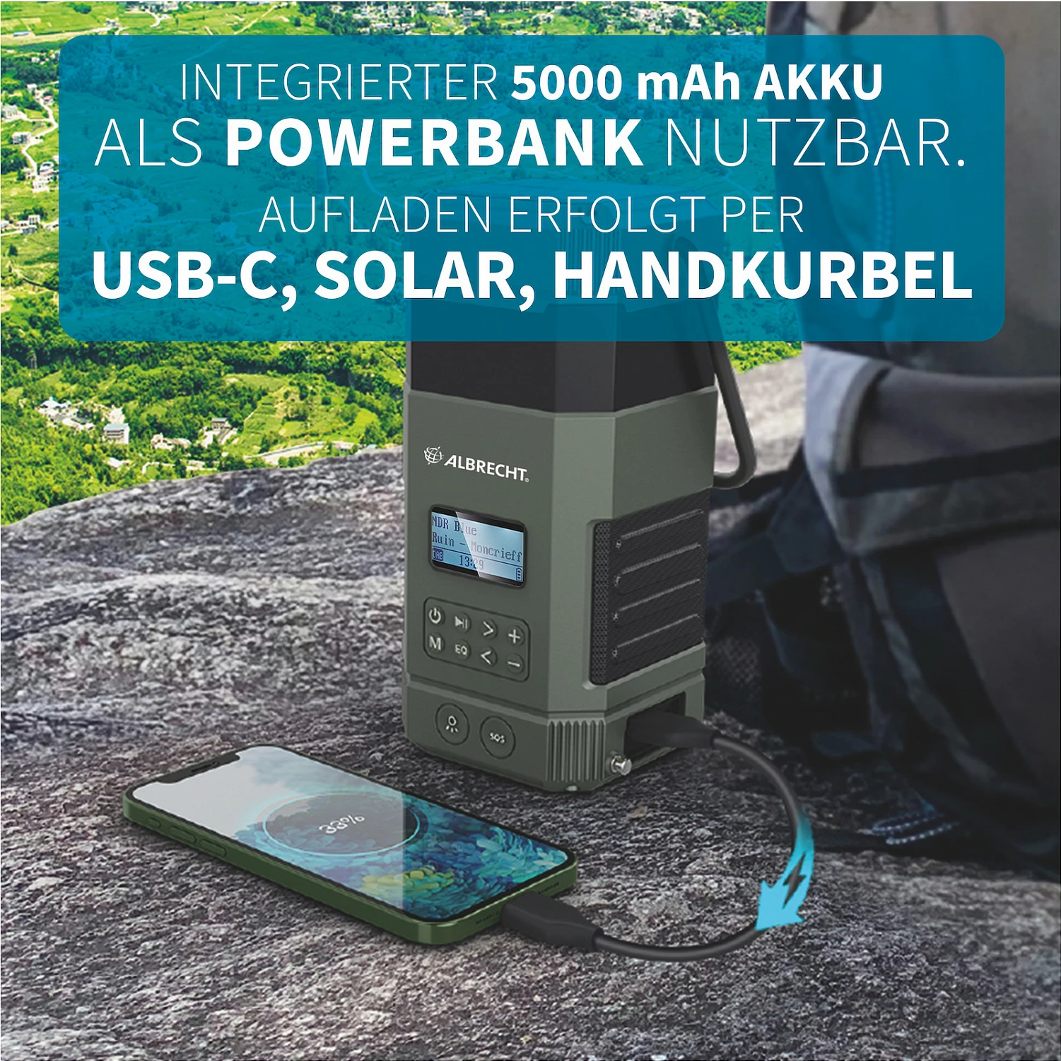 Radio kampingu Albrecht DR 114, DAB+/FM, llambë kampingu, bateri 5000mAh, USB-C, e zezë