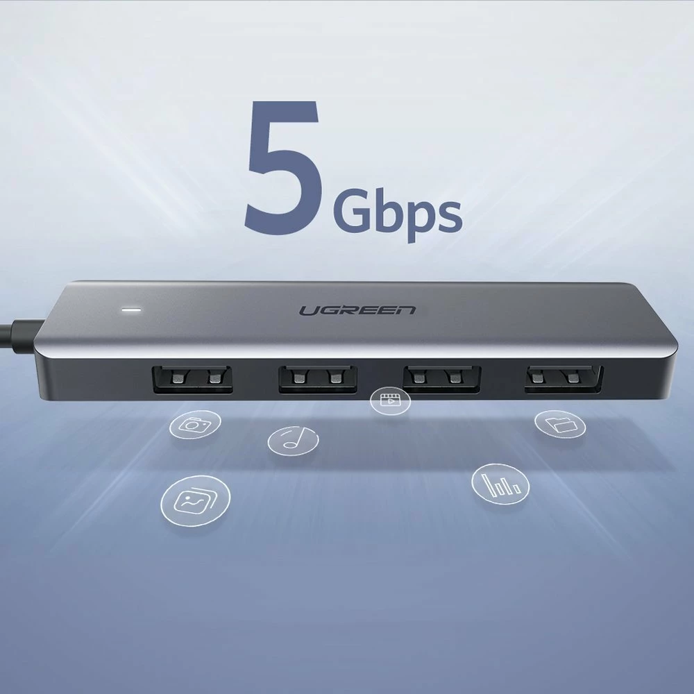 Kasë USB HUB Ugreen CM219 50985, 4x USB 3.2 Gen 1, me port micro USB për rrymë, Gri