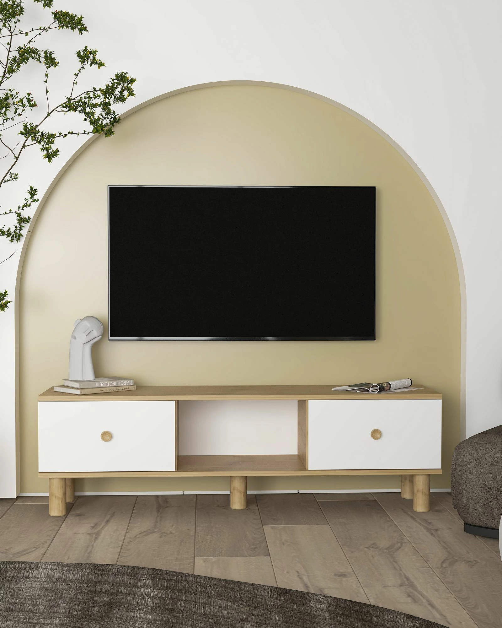 Komodë TV Skye Decor, ngjyrë lis safir dhe e bardhë