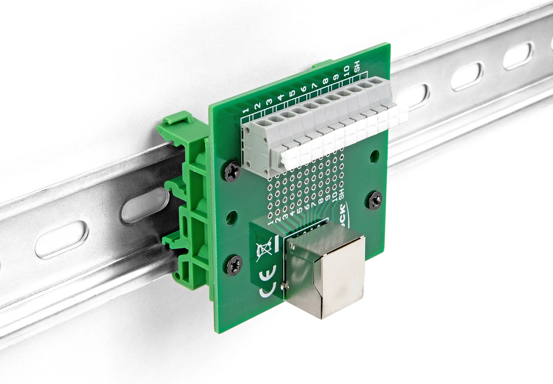 Adapter DeLOCK RJ50 femër në terminal block, montim DIN rail, AWG 24-12, 53x60x18 mm, Jeshile/Hirtë