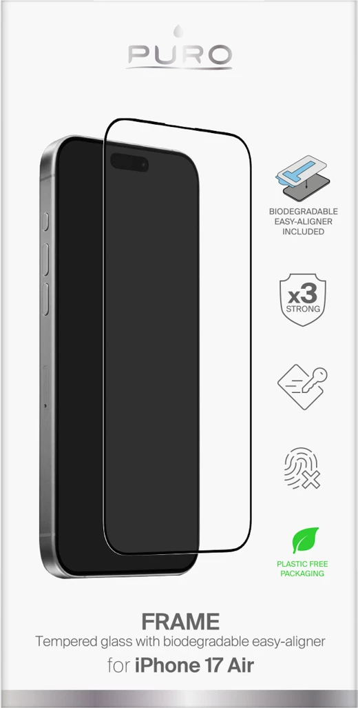 Xham i temperuar Puro Frame për iPhone 17 Pro me aplikator, kornizë e zezë