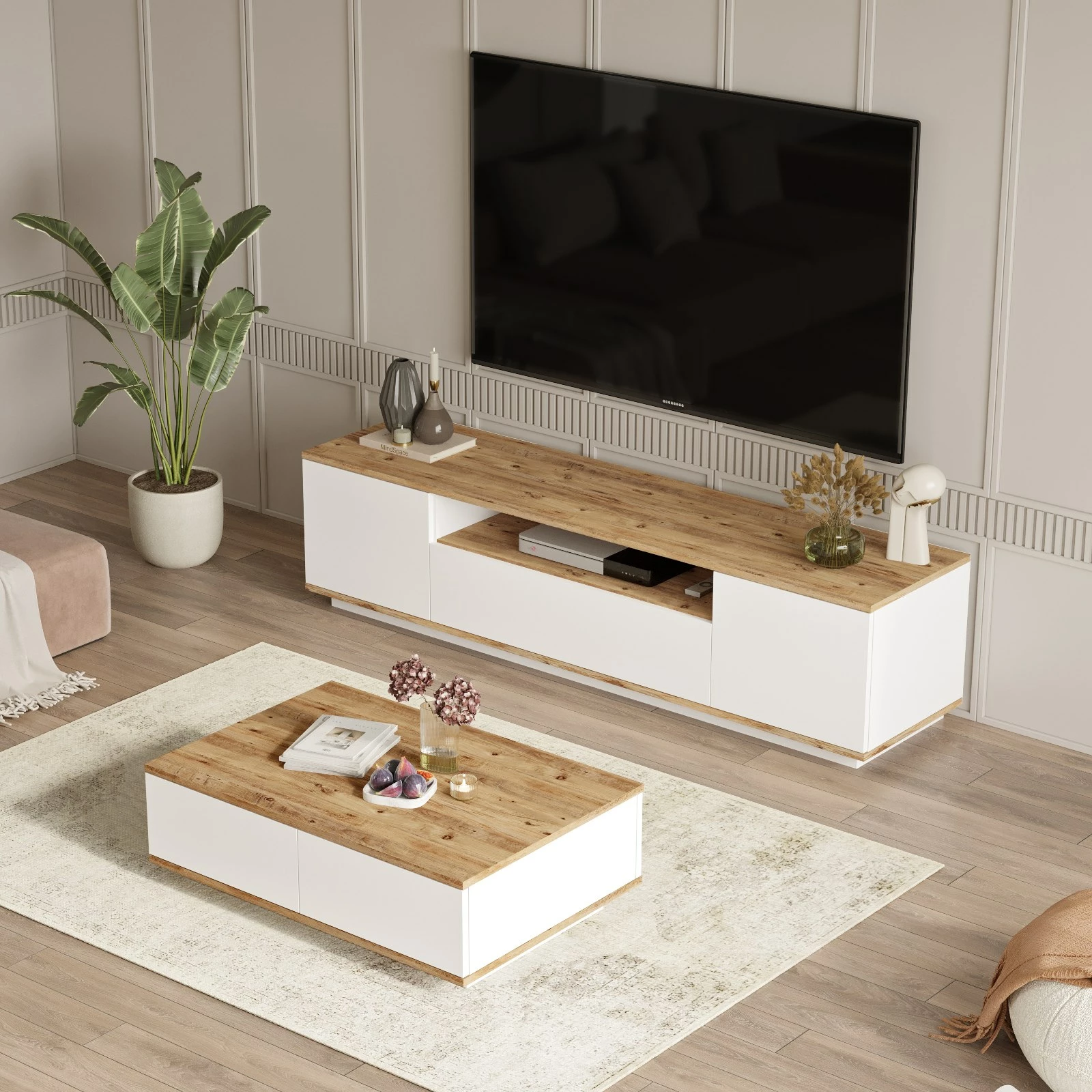 Set mobiljesh për dhomë dite Skye Decor, Fr17-Aw, ngjyrë pishë Atlantike dhe e bardhë