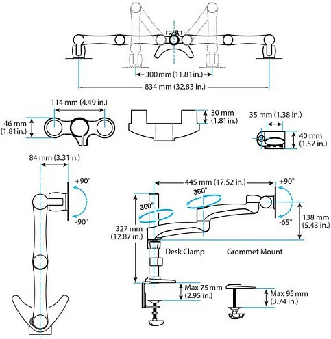 Mbajtëse për dy monitorë StarTech ARMDUAL, montim në tavolinë me clamp/grommet, VESA 75x75/100x100, 12-24", e zezë