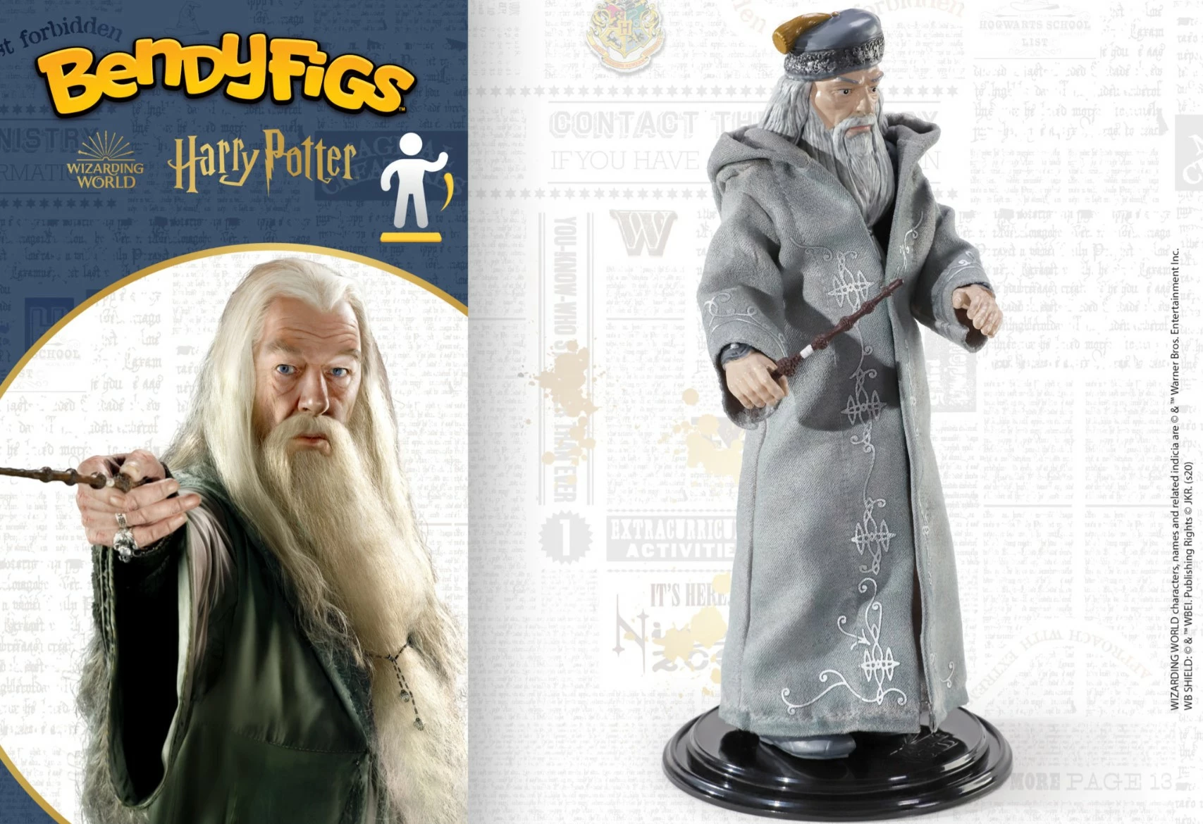 Figurinë NOBLE COLLECTION Bendyfigs Harry Potter Albus Dumbledore 19 cm, e përkulshme, me mbajtëse