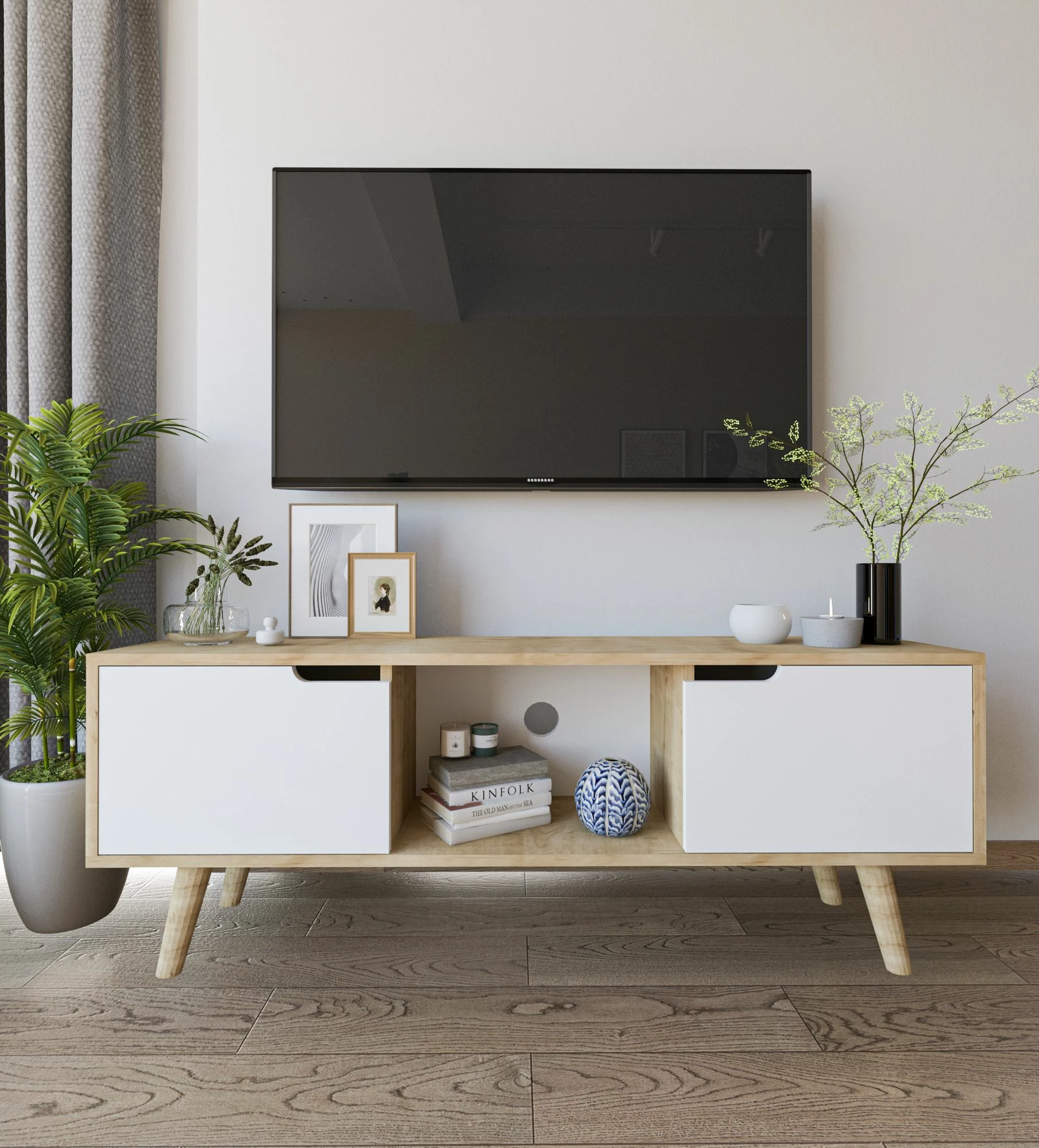 Komodë TV Skye Decor, ngjyrë lis Sienna - e bardhë