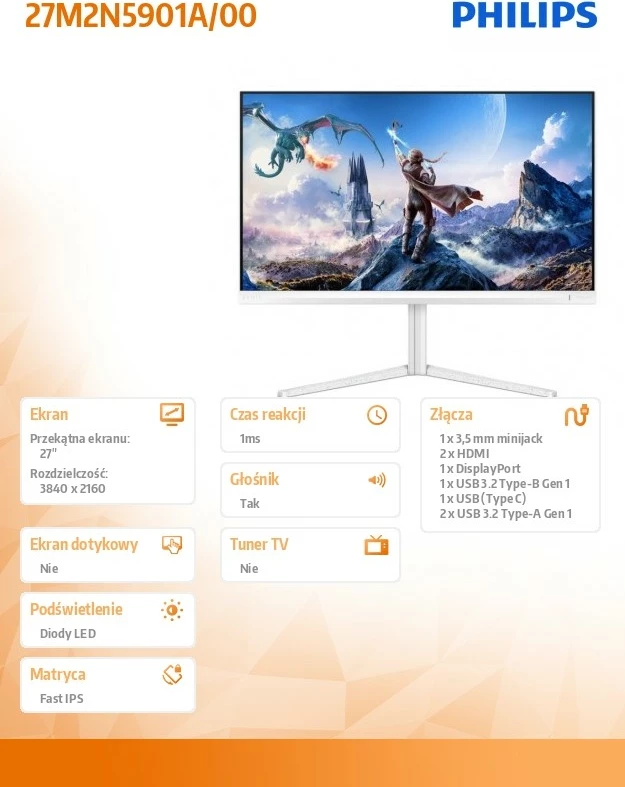 Monitor Philips 27M2N5901A/00 27" Fast IPS 4K 160Hz/320Hz HDMIx2 DP USB-C Pivot Altoparlantë Bardhë