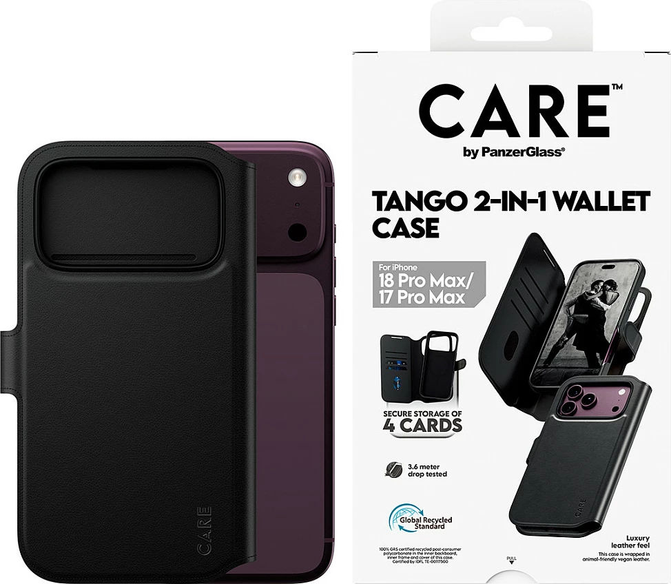 Mbështjellës PanzerGlass CARE Tango 2-në-1 Wallet Case, MagSafe, për iPhone 18 Pro Max / 17 Pro Max, i zi
