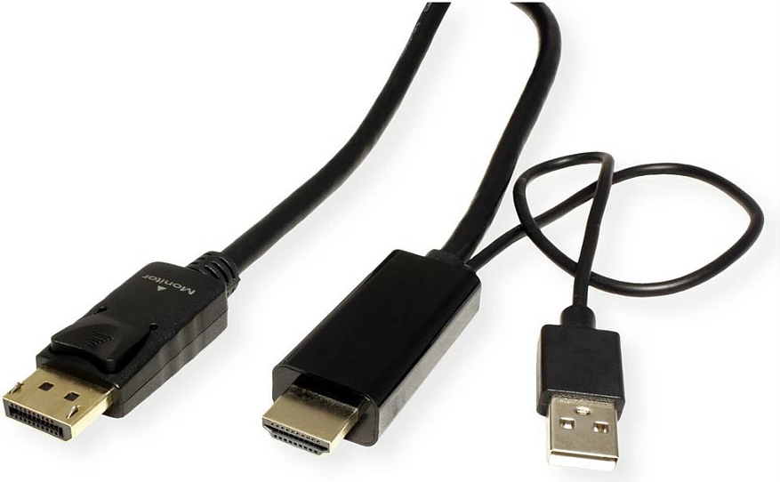 Kabëll ROLINE 11045993 HDMI + USB-A në DisplayPort, 3 m, 4K@60Hz, i zi