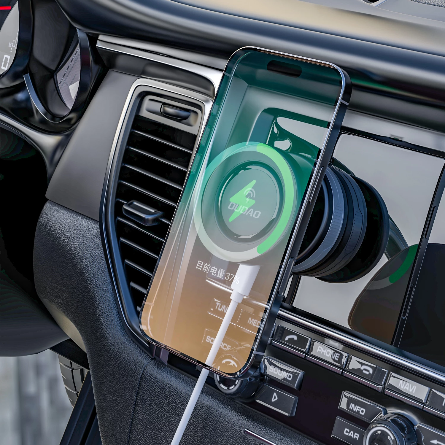 Mbajtës makine me karikues wireless 15W, Dudao F24MAX, MagSafe, kupë thithëse automatike, USB-C, i zi