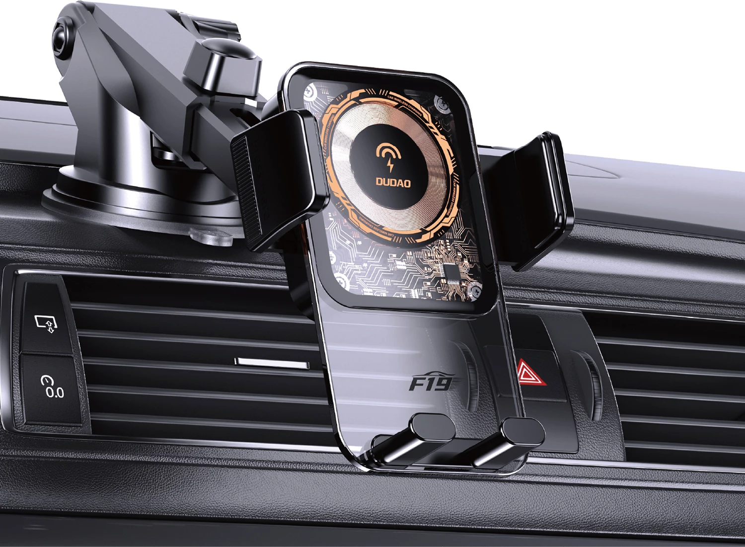 Mbajtës makine me karikues me valë 15W, Dudao F19, krah i rregullueshëm, montim panel/ventilim, zi