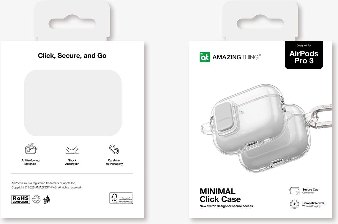 Mbështjellës për kufje, AmazingThing Minimal Case për AirPods Pro 3, TPU, magnete, me karabinë, transparent