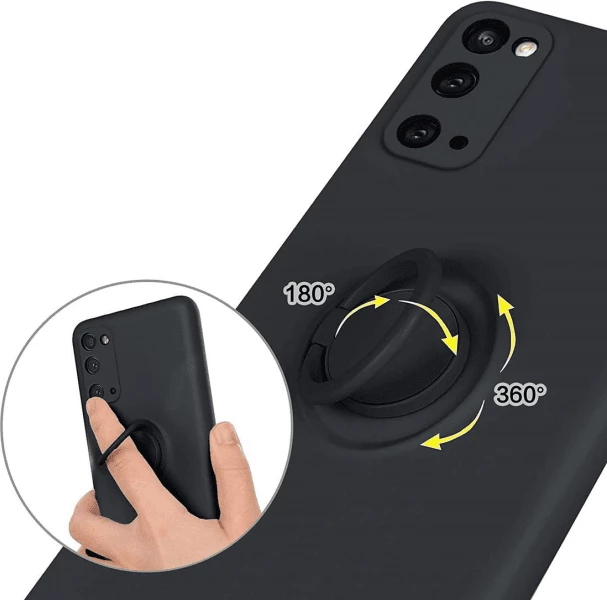 Mbështjellës ONASI Liquid Ring për Samsung Galaxy A35, silikon liquid, mbrojtje kamerë, me unazë/stand dhe pllakë metalike magnetike, e zezë