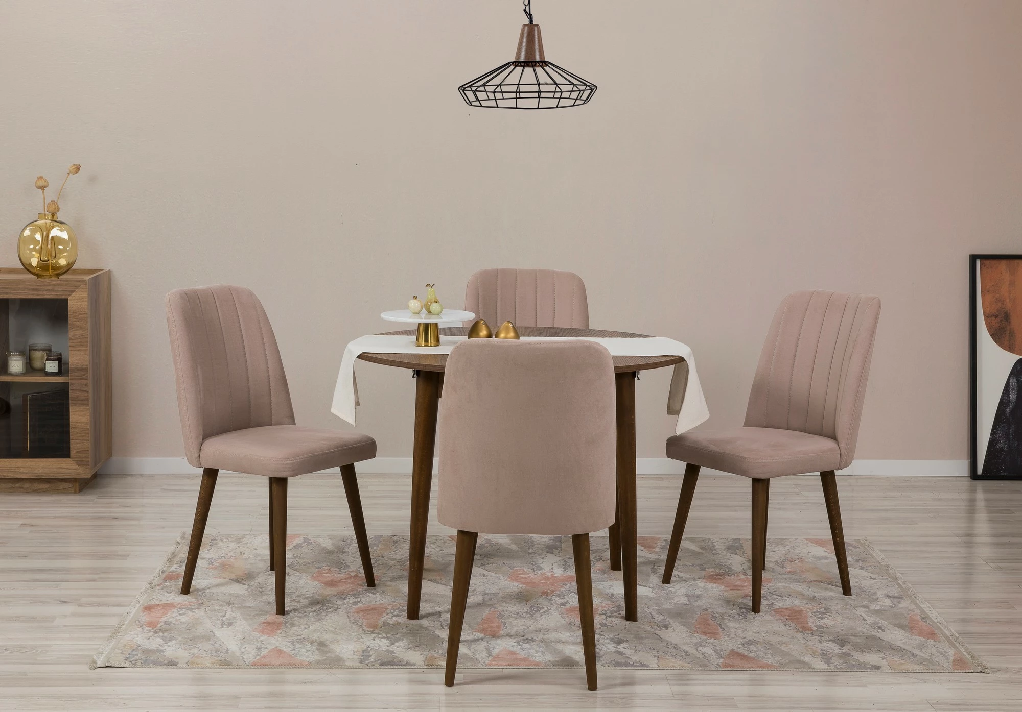 Tavolinë me karrige, zgjatshme, ngjyrë arre dhe gur, Skye Decor, Vina 0900, 5 copë