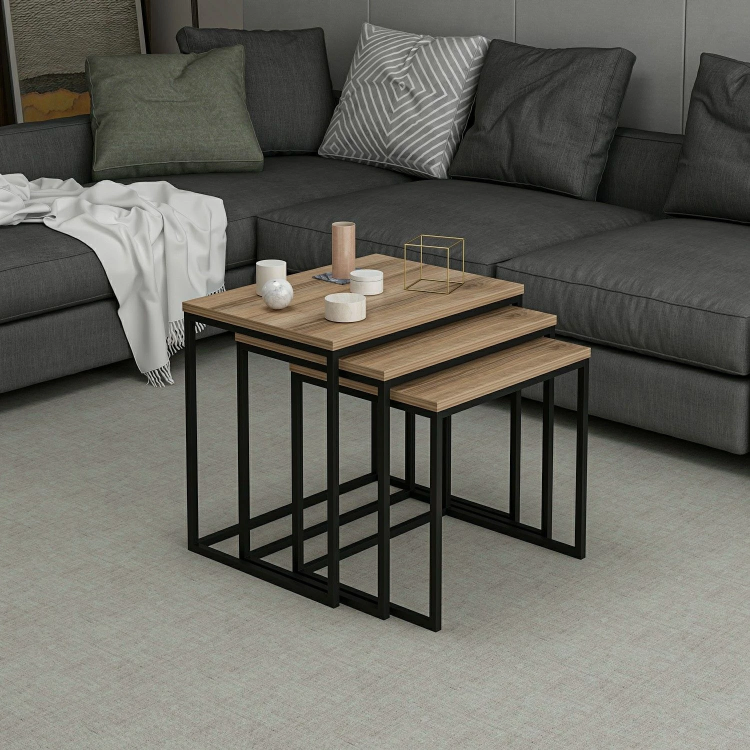 Set tavolina të ndërlidhura (3 copë), Hanah Home, Evia, ngjyrë arre