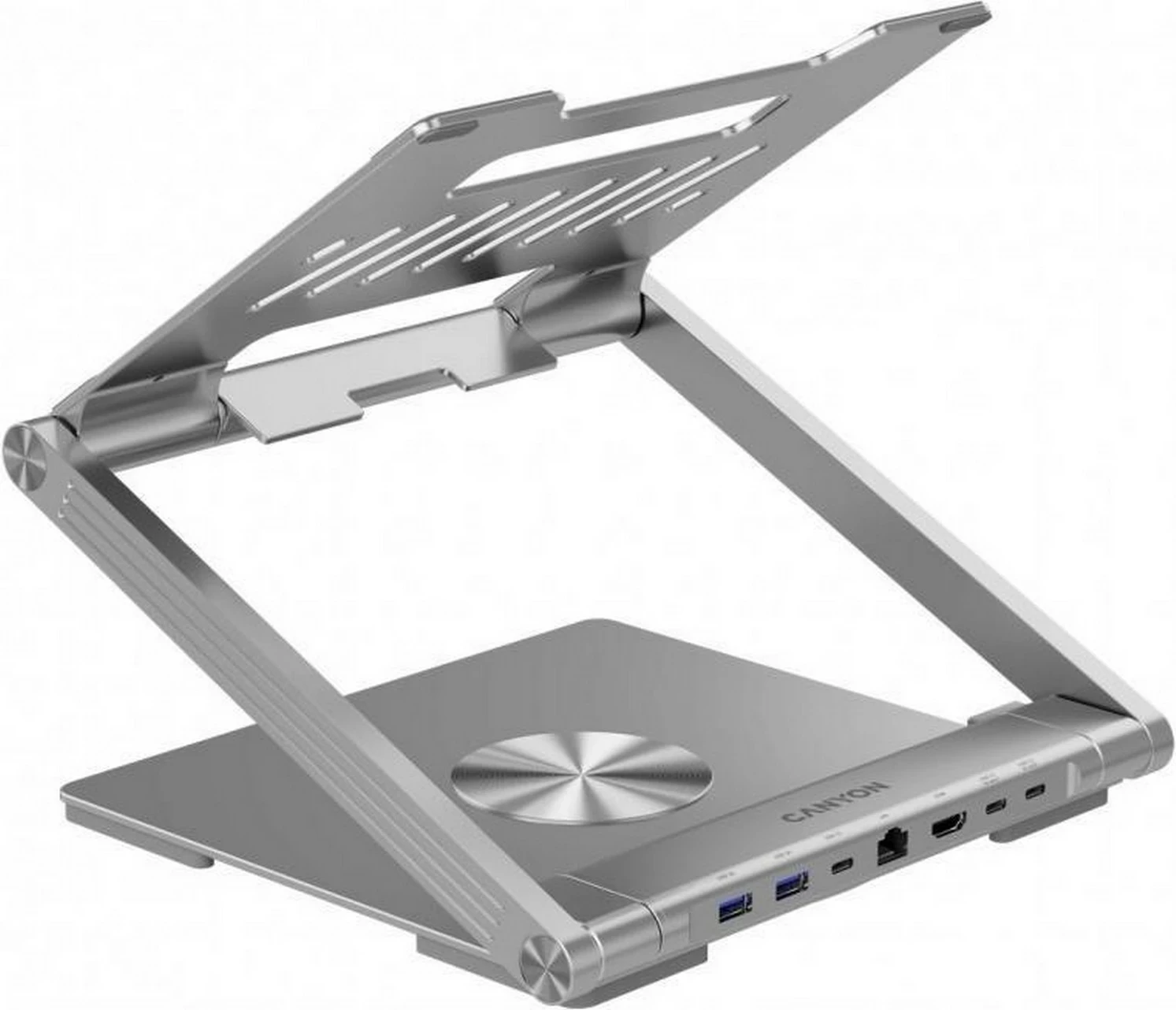 Kasë laptopi Canyon me hub HDMI, 2xUSB, RJ45, rregullim lartësie, argjendtë