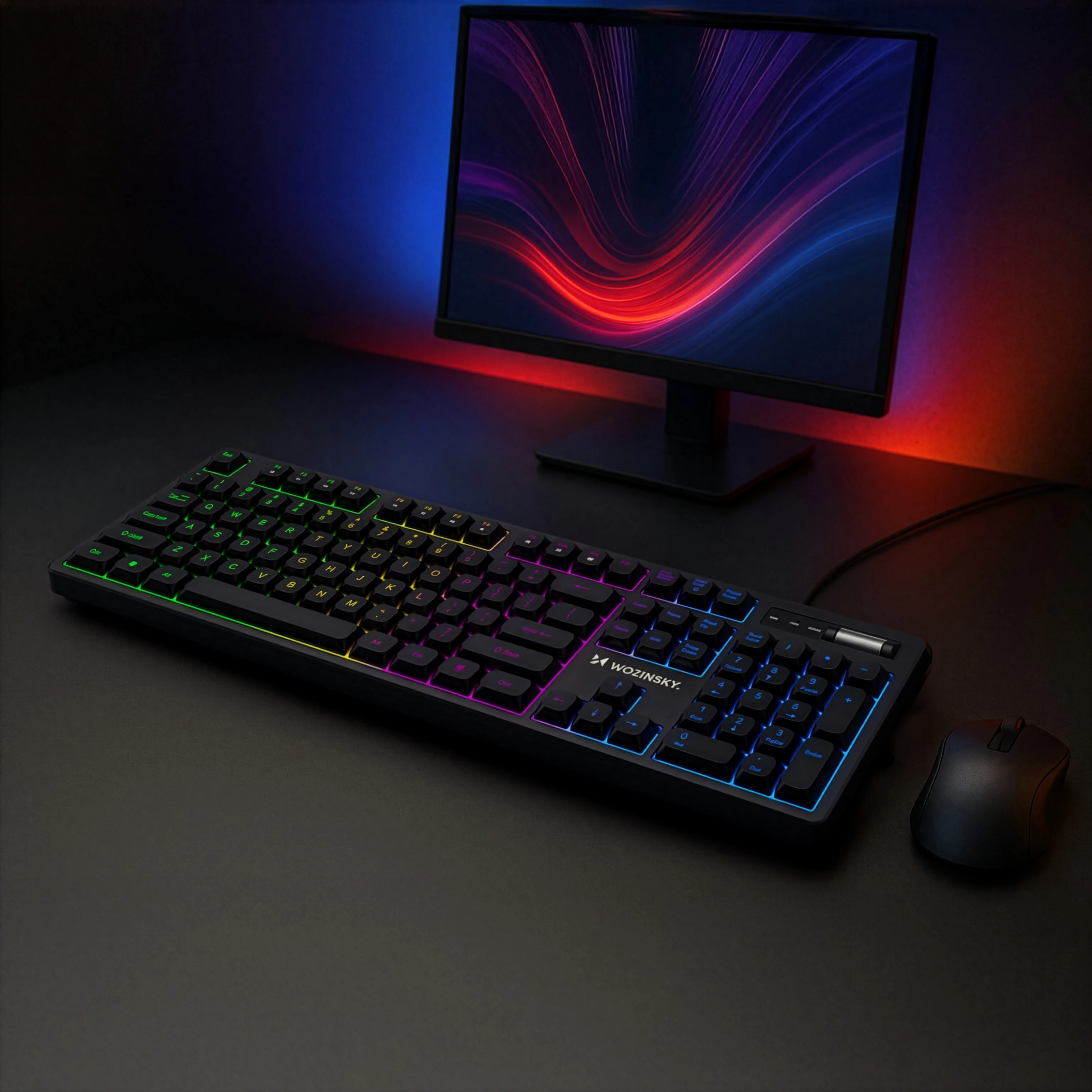 tastierë gaming, Wozinsky WKG-200, madhësi e plotë, membranë, rrotë volumi, drita RGB rainbow, USB me kabllo, e zezë