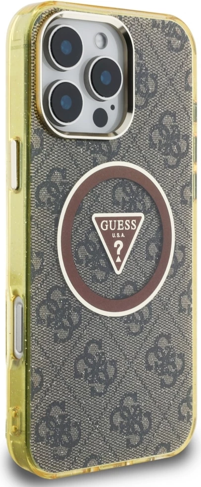 Mbështjellës Guess IML Metal Glitter 4G Circle Triangle MagSafe për iPhone 16 Pro Max, Kafe