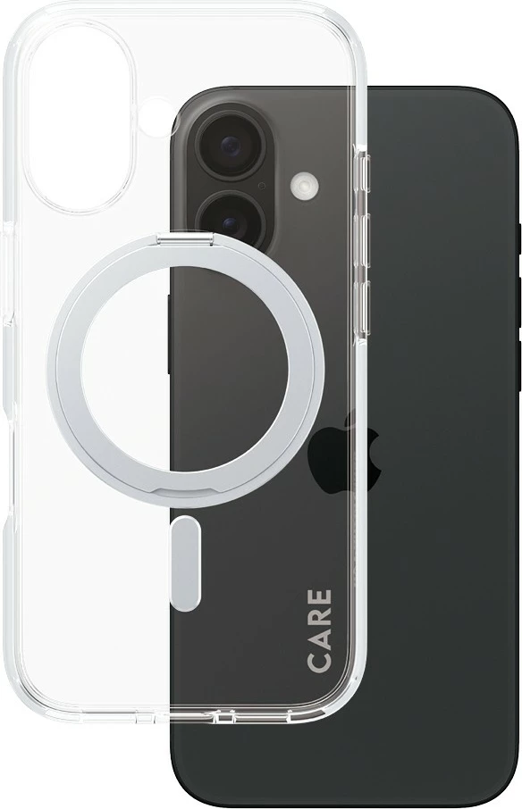 Mbështjellës PanzerGlass CARE Case, MagSAFE, kickstand argjendtë, për iPhone 16, transparent