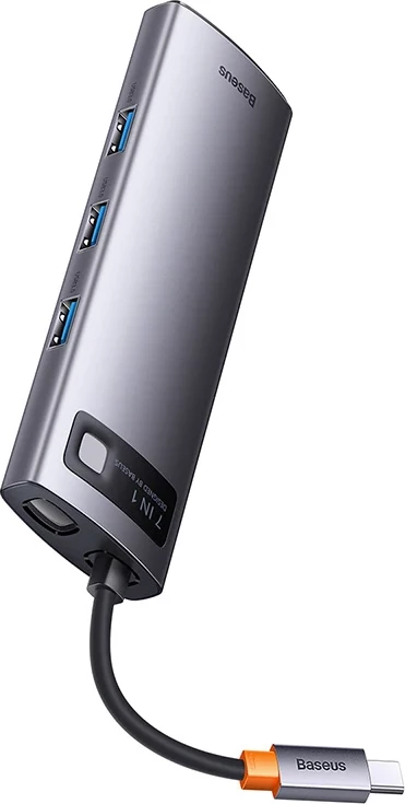 Kasë Baseus Metal Gleam Series 7-in-1, USB-C në 3x USB 3.0, HDMI, USB-C PD, VGA, Ethernet RJ45, Gri