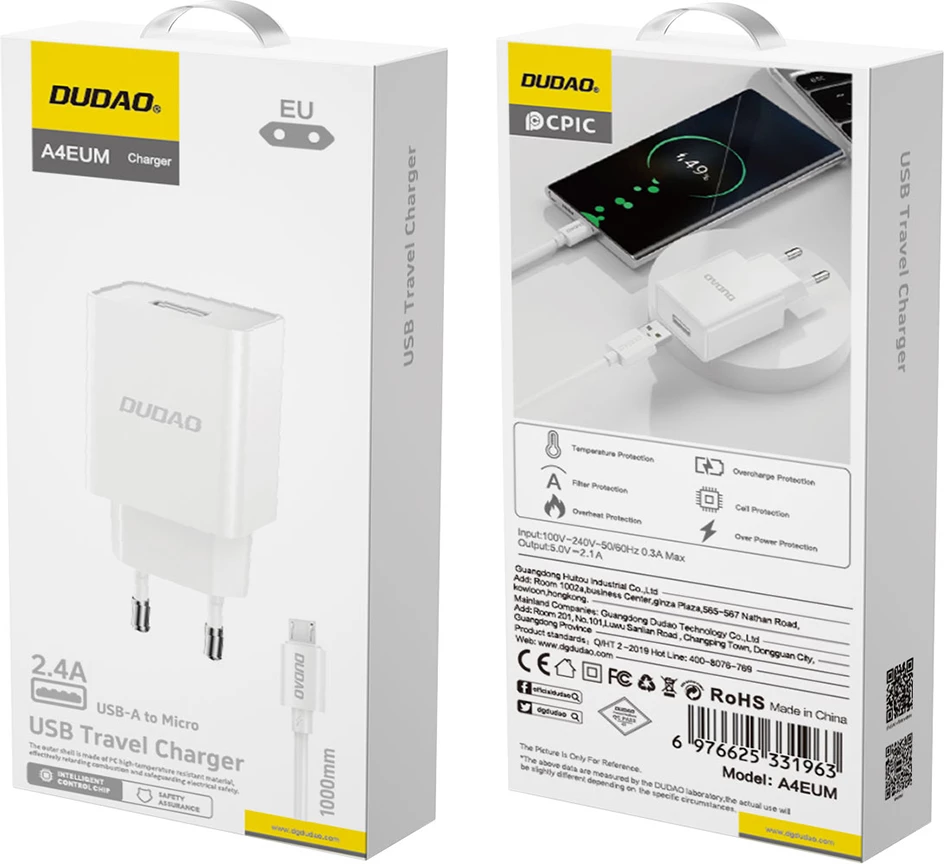 Karikues muri Dudao A4EU me USB-A 2.1A, me kabllo USB-A në micro USB, Bardhë