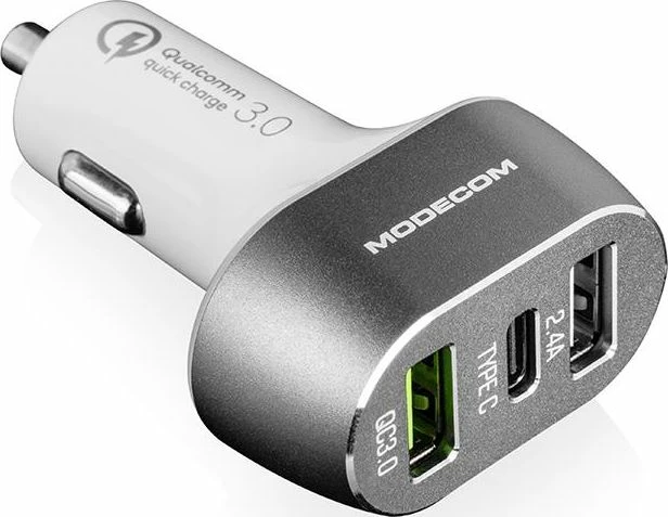 Karikues veture Modecom MC-CU2C1-07, 2x USB-A + 1x USB-C, 2.4A, Quick Charge 3.0, 12/24V, i bardhë
