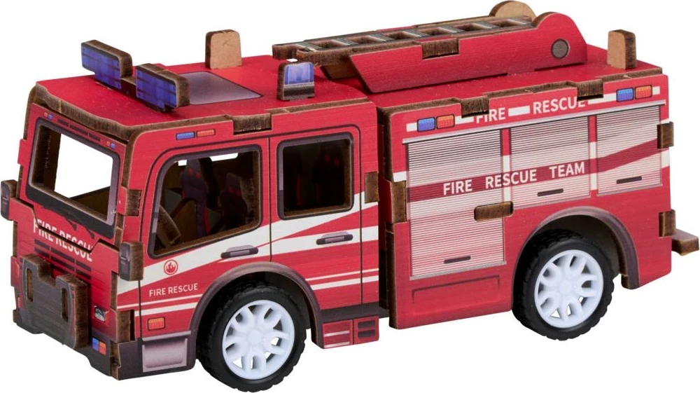 Lodër montimi 3D prej druri BD Vozicki 55971-Fireman kamion zjarrfikës, 35 pjesë, pull-back, e kuqe