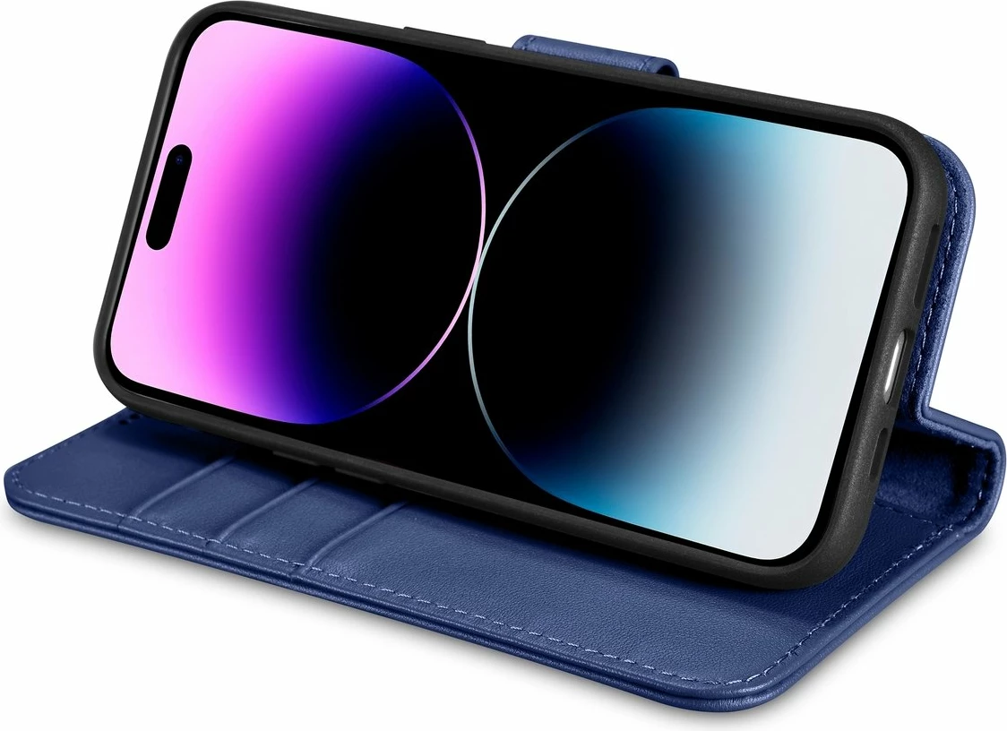 Mbështjellës iCarer Wallet Case 2in1 për iPhone 14 Pro, lëkurë natyrale, Anti-RFID, Blu