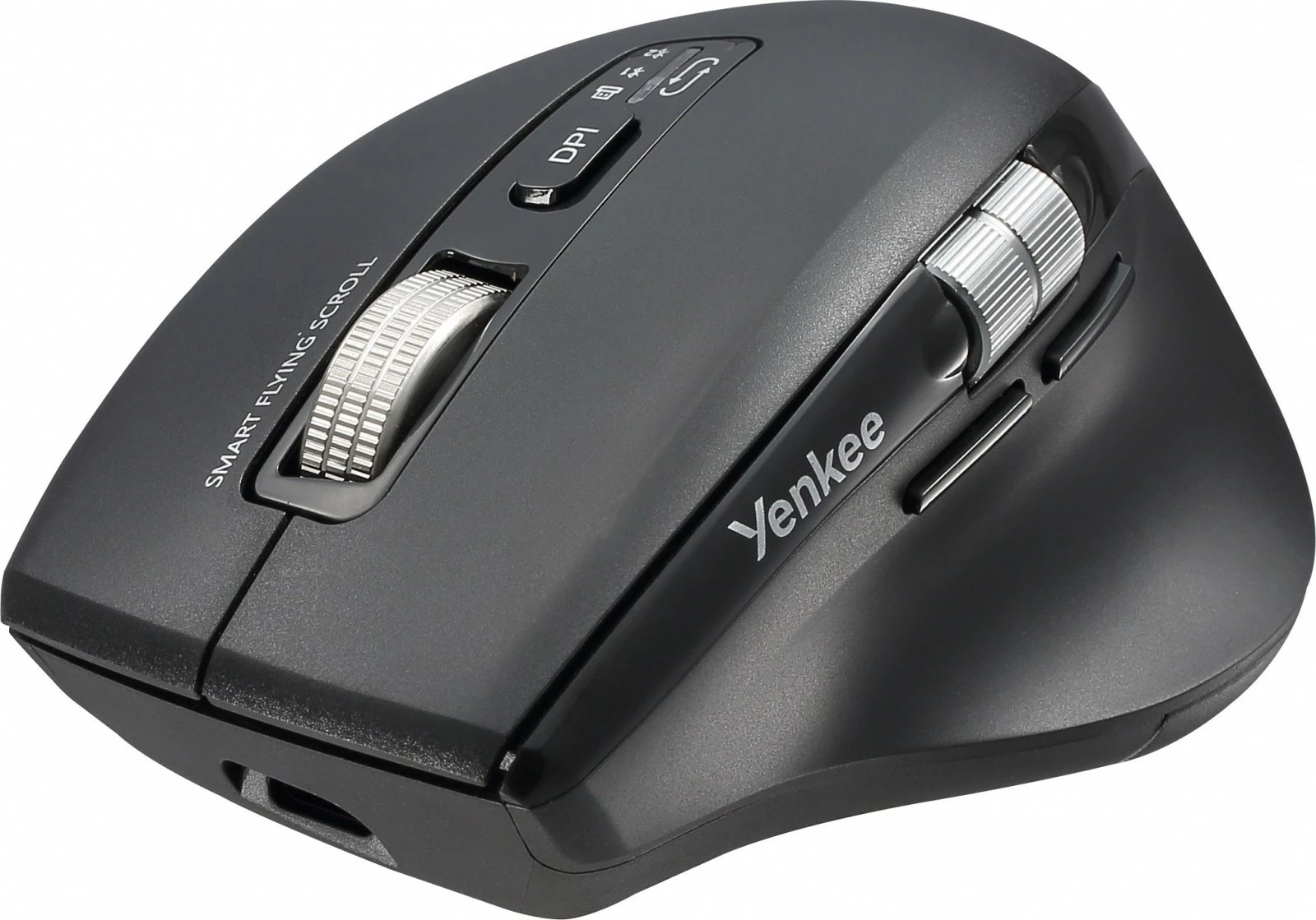 Maus wireless YENKEE SPIN YMS 2095B, 1000–4800 DPI, 7 butona, bateri e rikarikueshme Li-Ion, 2x Bluetooth + 2.4GHz USB, i zi, me kabllo karikimi USB-C