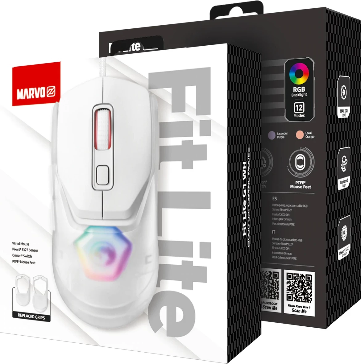 Maus gaming Marvo Fit Lite G1, wired, RGB, 12000 DPI, i bardhë