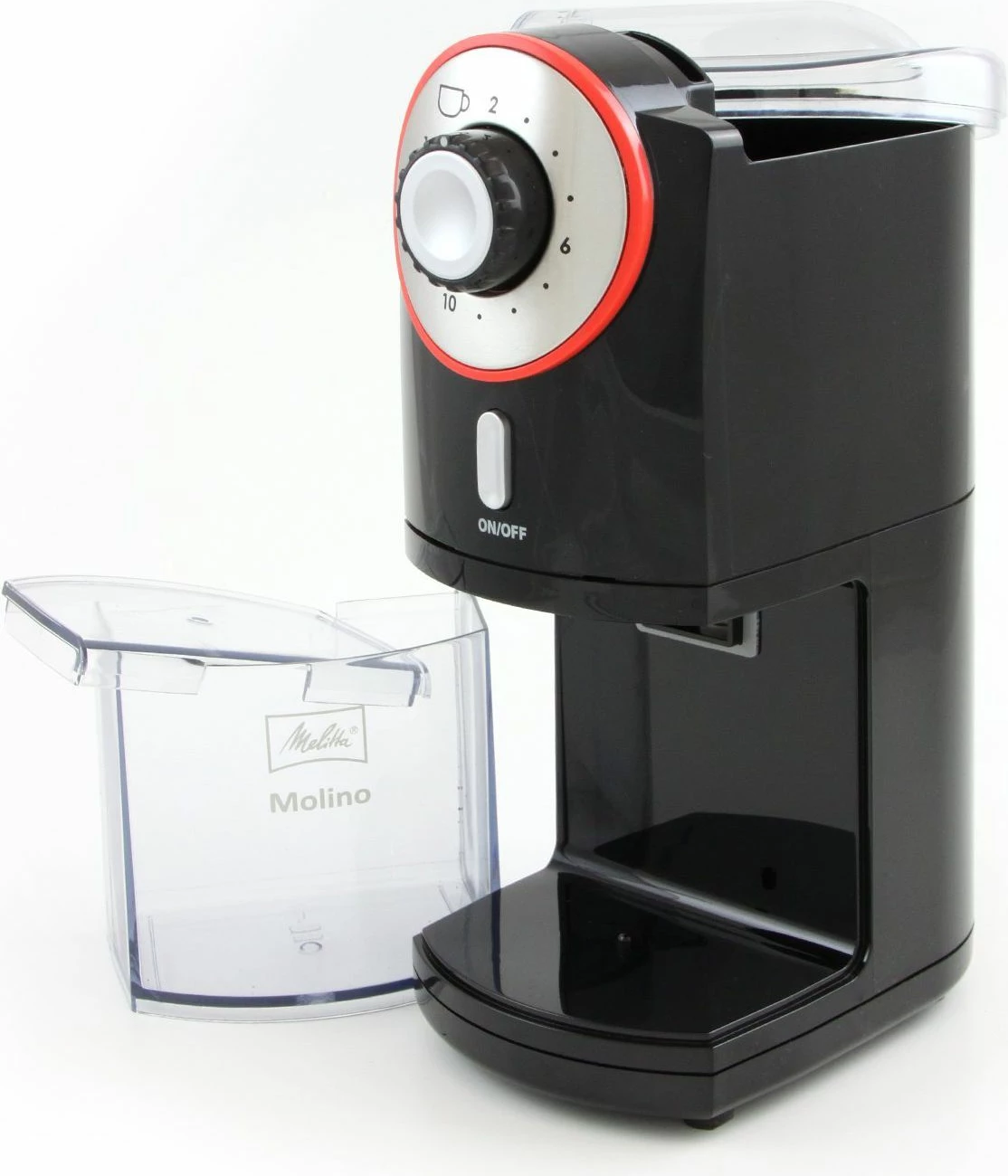 Mulli elektrik kafeje Melitta Molino 1019-01, 200 g, 17 nivele bluarjeje, 100 W, e zezë me detaje të kuqe