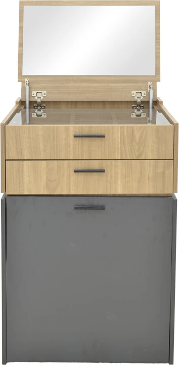 Tavolinë grimi Sonlen, ngjyrë gri e errët-dru arre i çelët, me pasqyrë dhe stol, 60x45x122cm