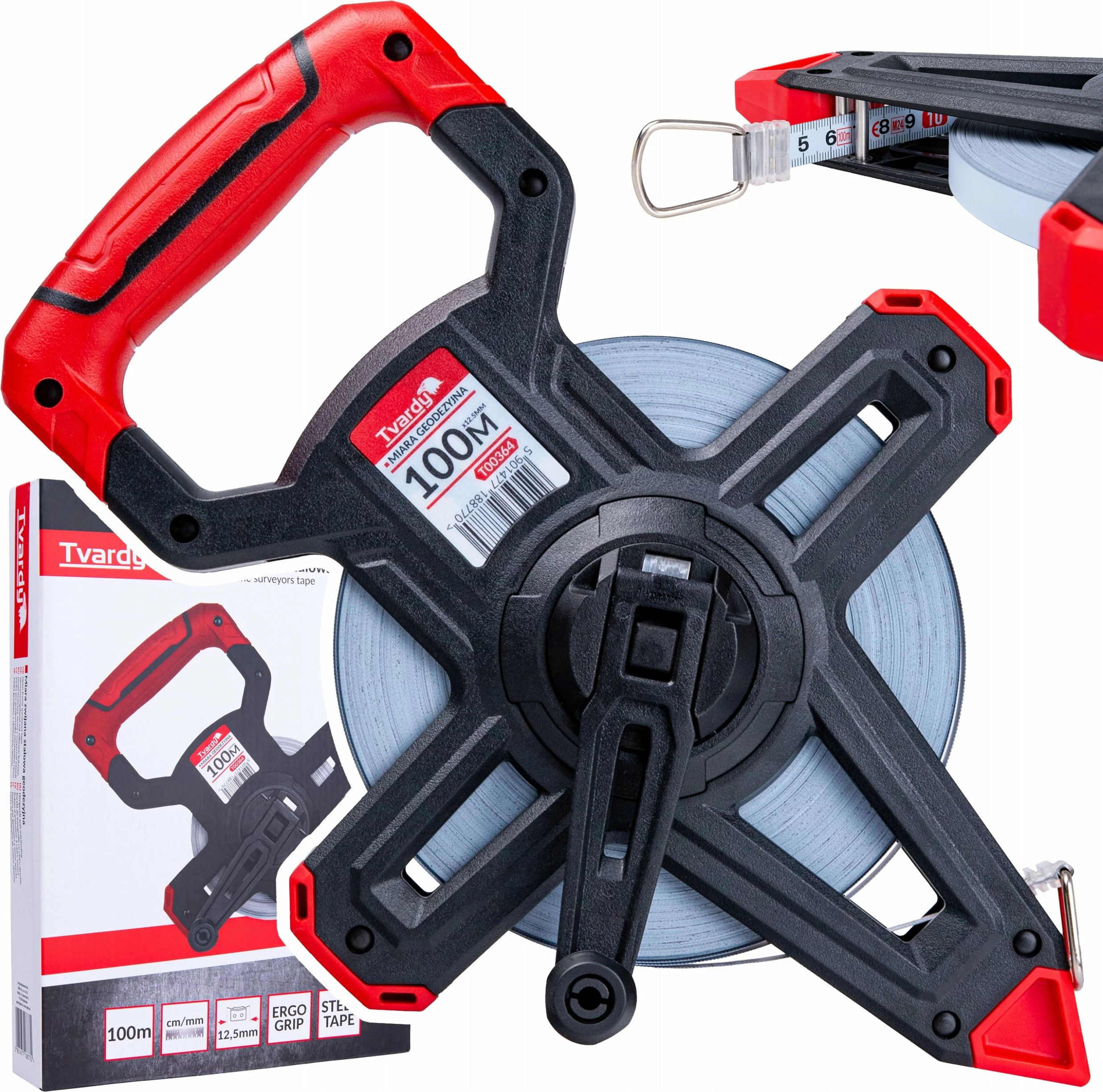 Metër shirit çeliku Tvardy T00364 100 m, 12.5 mm, cm/mm, kuqe/zezë, paketim 10 copë