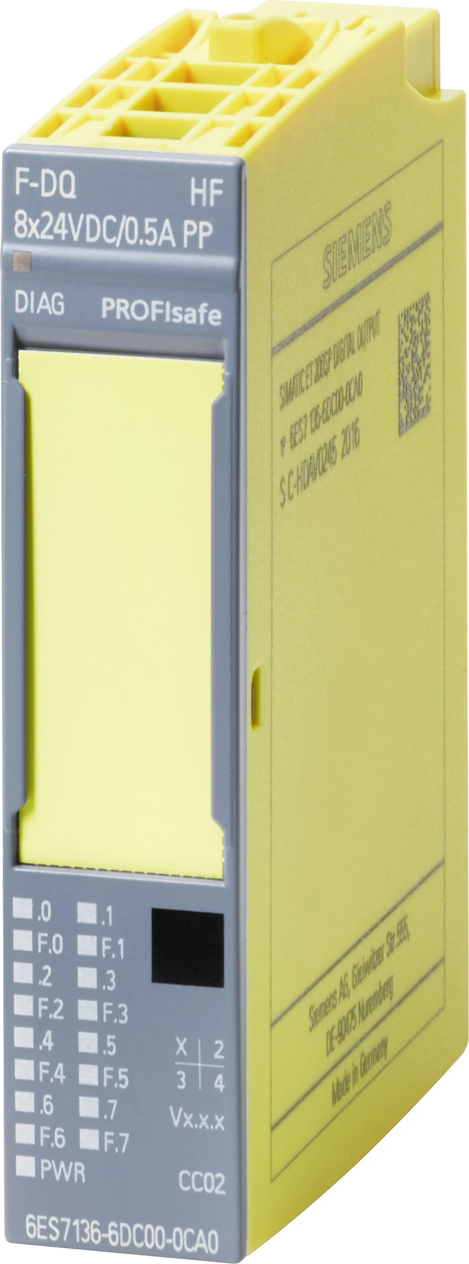 Modul I/O sigurie Siemens ET 200SP F-DQ HF 6ES7136-6DC00-0CA0, 8x dalje digjitale 24VDC 0.5A, PROFIsafe, e verdhë