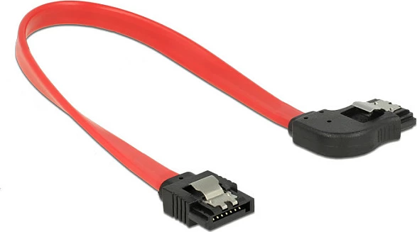 Kabl SATA DeLOCK 83967, 0.2 m, SATA 7-pin M/M, 6 Gbit/s, straight në right-angle, e zezë/kuqe