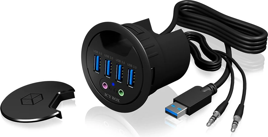 USB hub ICY BOX IB-HUB1403A, 4 porta USB 3.0, audio in/out, plastikë, e zezë